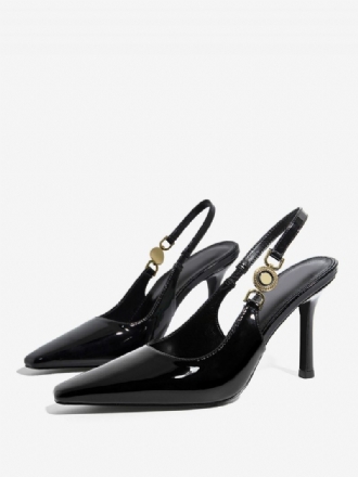 Damen-slingback-heels Schwarze Abendschuhe Mit Spitzer Zehenpartie Und Strasssteinen Kettendetail