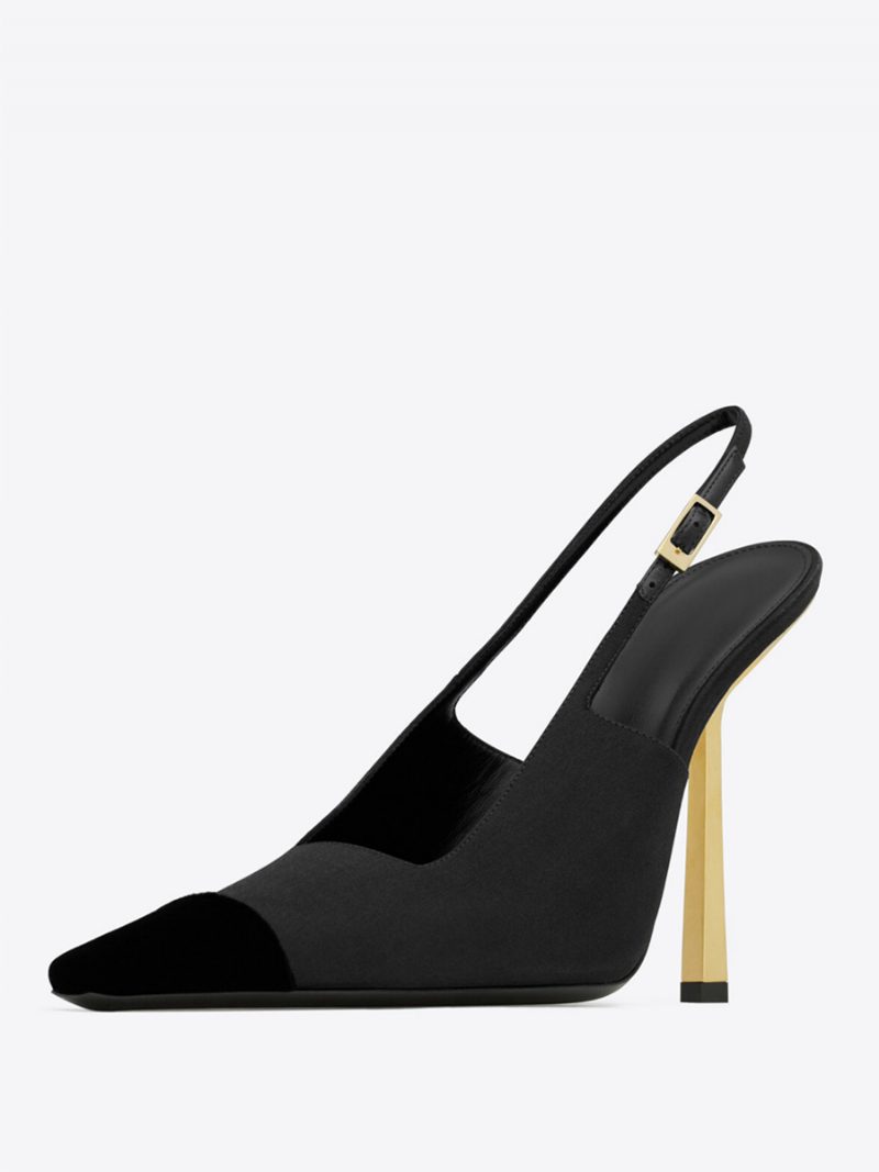 Damen-slingback-pumps Aus Satin Schwarze Pumps Mit Eckigem Zehenbereich Und Stiletto-absatz