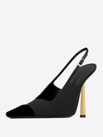 Damen-slingback-pumps Aus Satin Schwarze Pumps Mit Eckigem Zehenbereich Und Stiletto-absatz