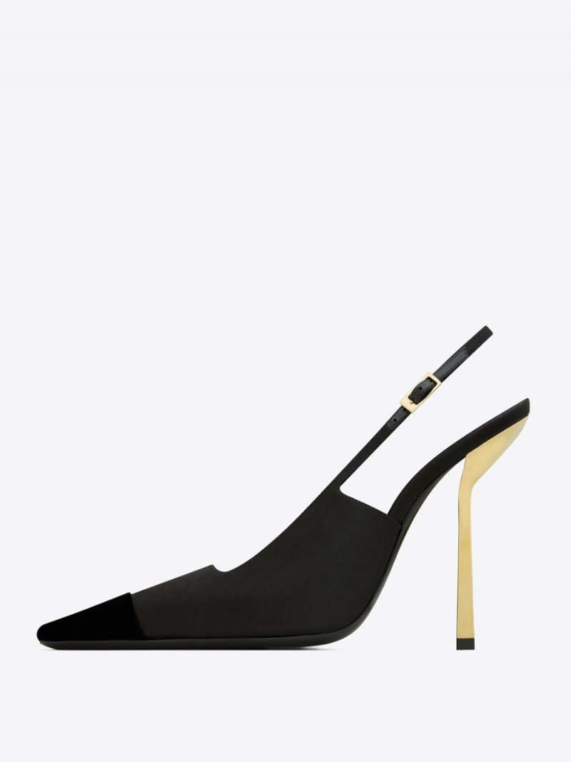 Damen-slingback-pumps Aus Satin Schwarze Pumps Mit Eckigem Zehenbereich Und Stiletto-absatz - Schwarz