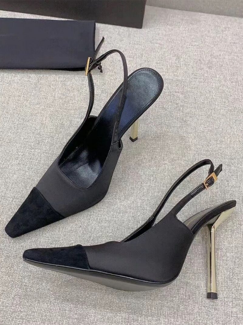 Damen-slingback-pumps Aus Satin Schwarze Pumps Mit Eckigem Zehenbereich Und Stiletto-absatz - Schwarz