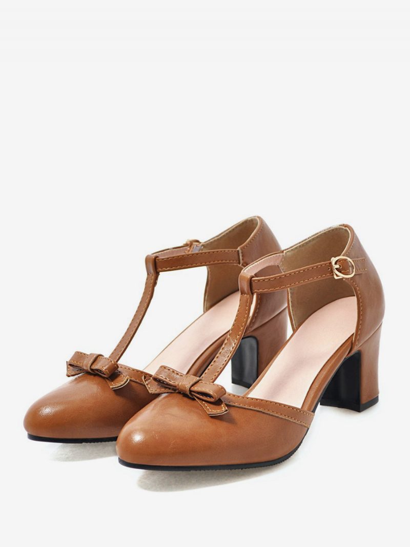 Gelbe Vintage-schuhe Für Damen Mit Spitzer Zehenpartie Schleife Und T-riemen Klobiger Absatz - Kaffeebraun