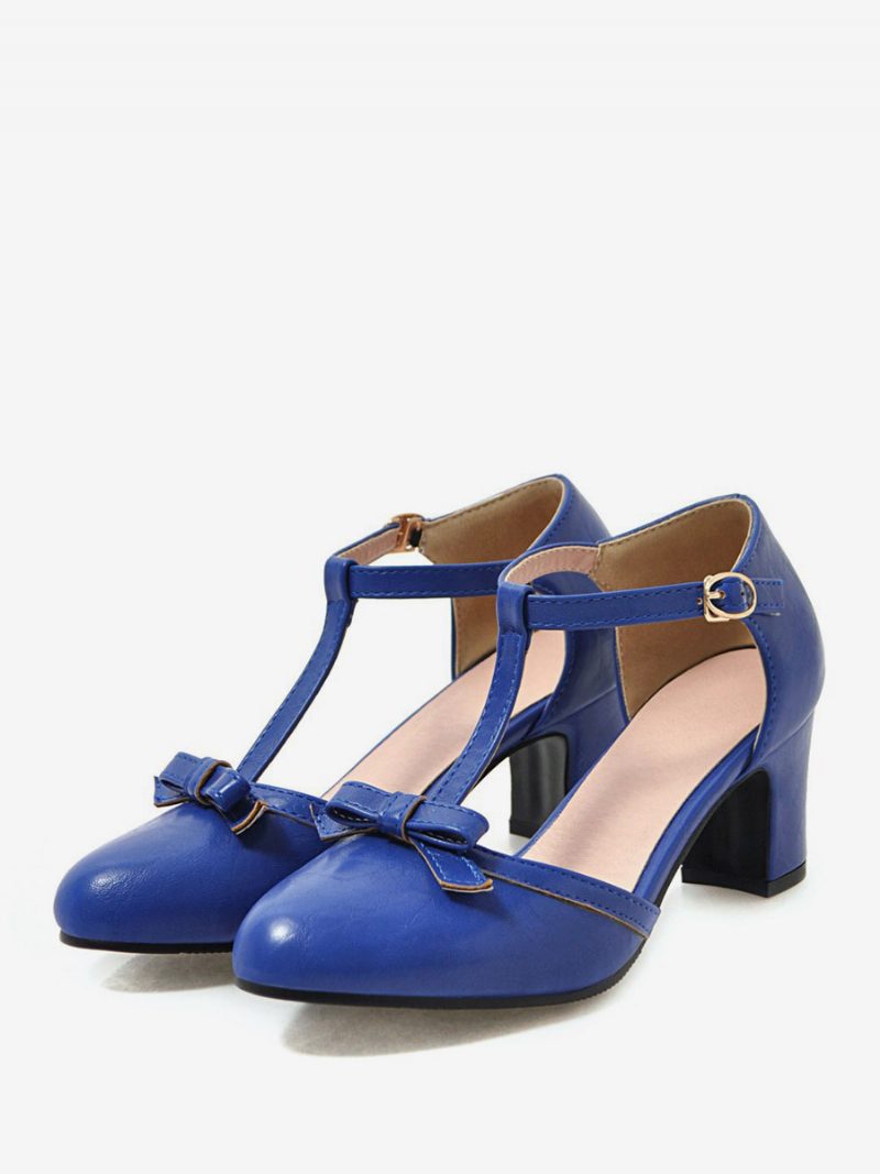 Gelbe Vintage-schuhe Für Damen Mit Spitzer Zehenpartie Schleife Und T-riemen Klobiger Absatz - Blau