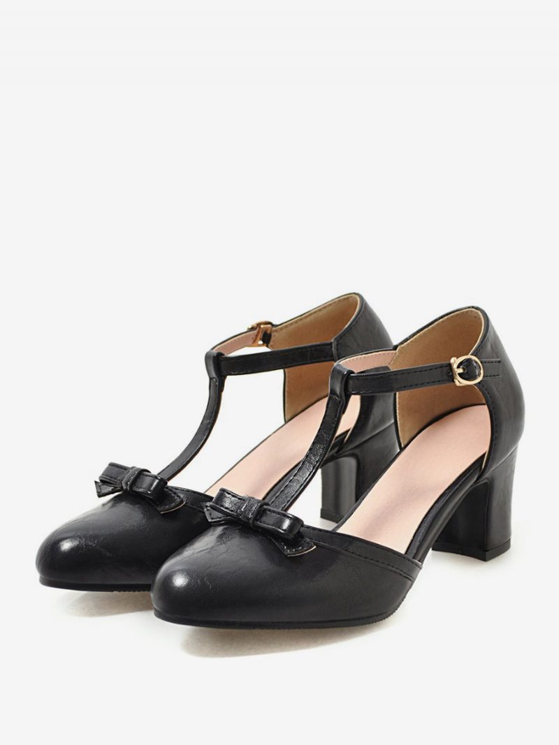 Gelbe Vintage-schuhe Für Damen Mit Spitzer Zehenpartie Schleife Und T-riemen Klobiger Absatz - Schwarz