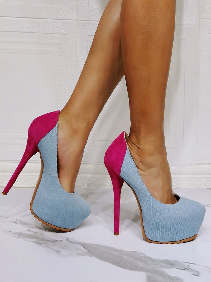 Hellhimmelblaue Abendplattformen Aus Segeltuch Mit Runder Zehenpartie Und Hohem Absatz Für Damen Partyschuhe Himmelblaue High Heels - Helles Himmelblau