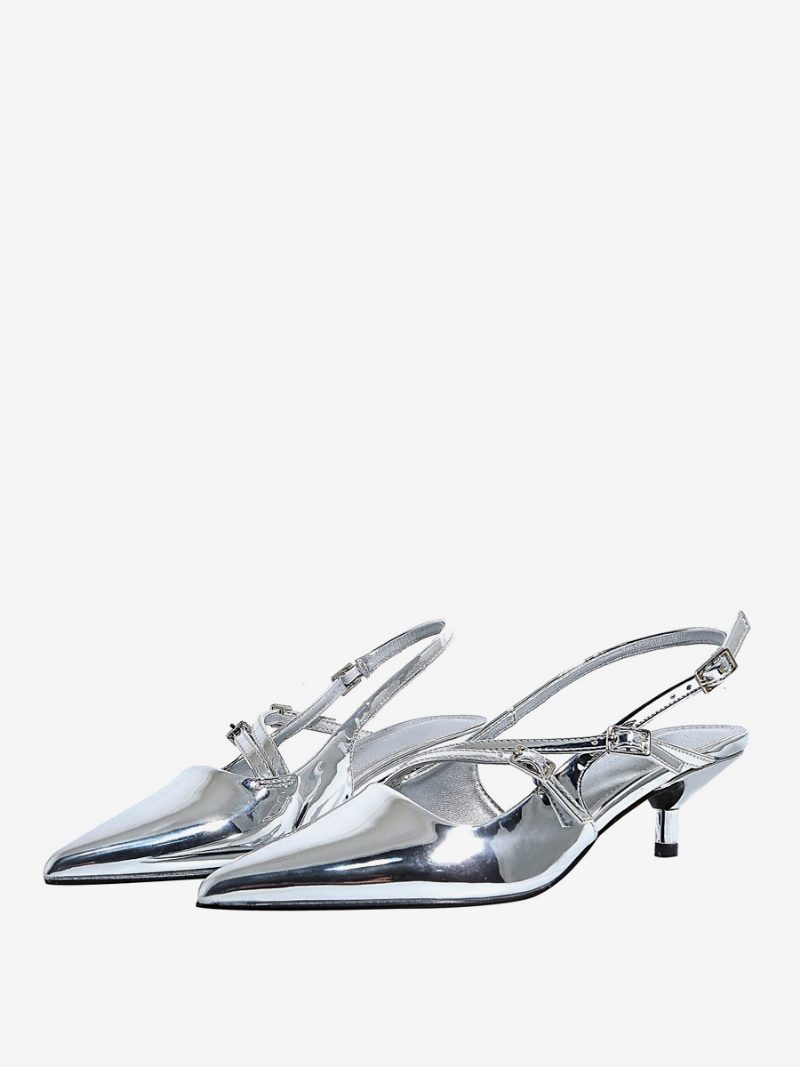 Kitten Heek Pumps Schwarze Slingback-absätze Mit Spitzer Zehenpartie Für Damen - Silber