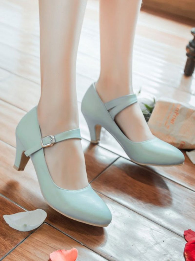 Mittelhohe Absätze Für Damen Klassische Runde Zehenpartie Welpen-fersenriemen Verstellbare Glamouröse Schnalle Weiße Pumps Und Vintage-schuhe - Blau