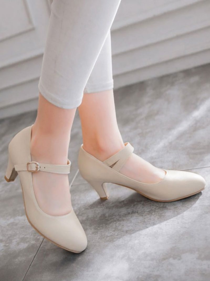 Mittelhohe Absätze Für Damen Klassische Runde Zehenpartie Welpen-fersenriemen Verstellbare Glamouröse Schnalle Weiße Pumps Und Vintage-schuhe - Beige