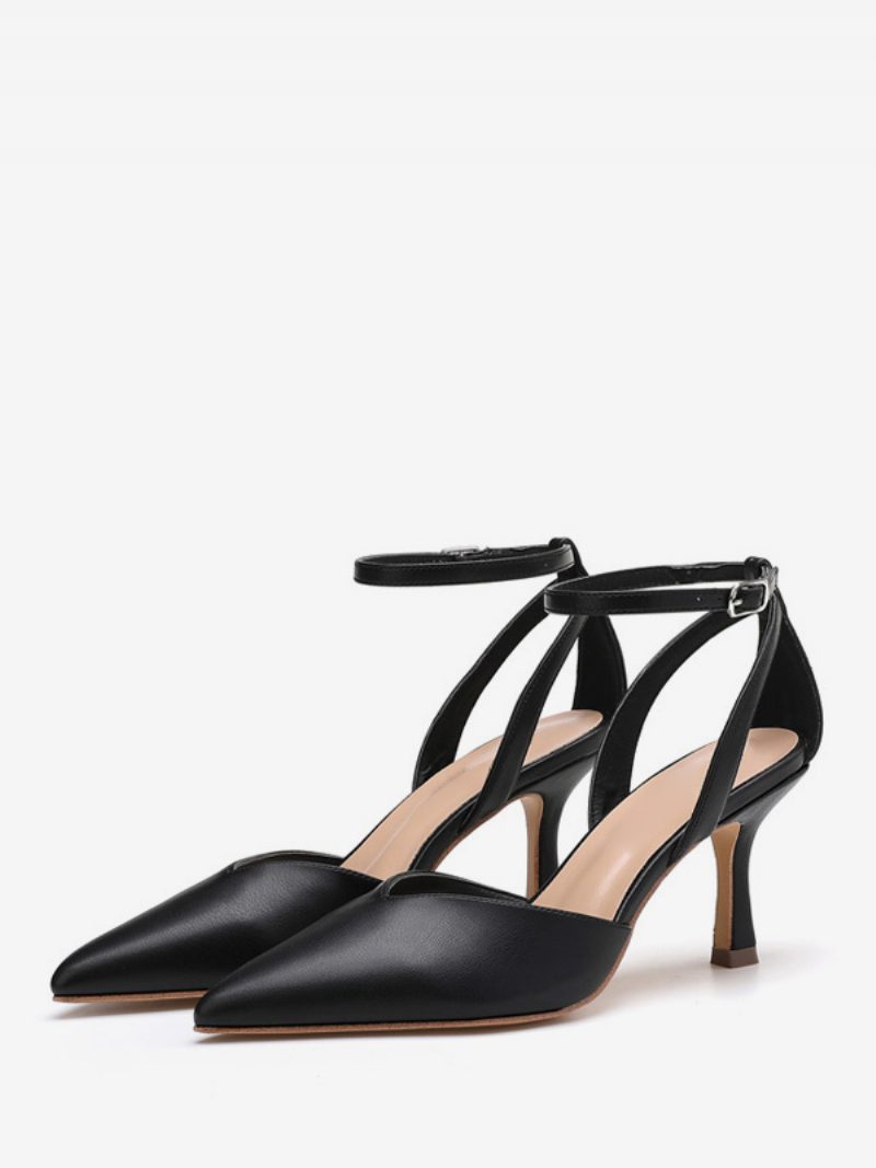 Nackte Kitten-heel-pumps Für Damen Mit Spitzem Zehenbereich Und Knöchelriemen - Schwarz