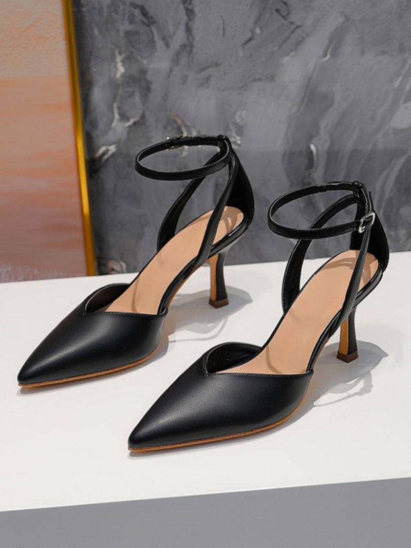 Nackte Kitten-heel-pumps Für Damen Mit Spitzem Zehenbereich Und Knöchelriemen - Schwarz