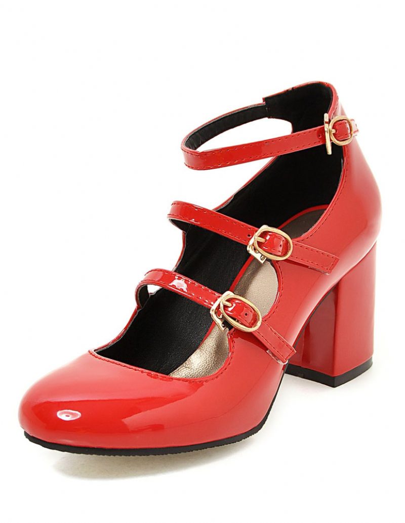 Rosa Mid Heels Round Toe Knöchelriemen Mary Jane Schuhe Für Damen Vintage - Rot