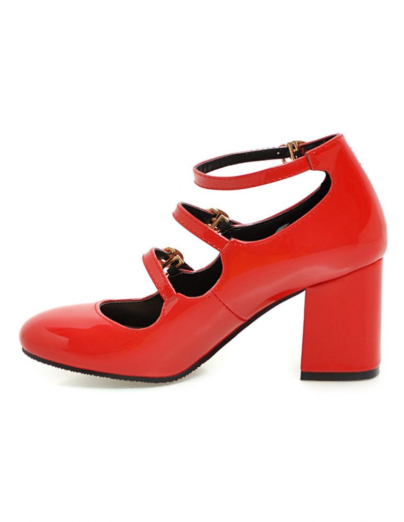 Rosa Mid Heels Round Toe Knöchelriemen Mary Jane Schuhe Für Damen Vintage - Rot