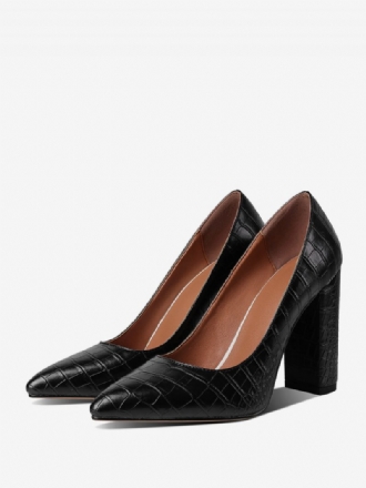 Schwarze High Heels Damen Pumps Mit Spitzer Zehenpartie Und Steinmuster Klobigem Absatz