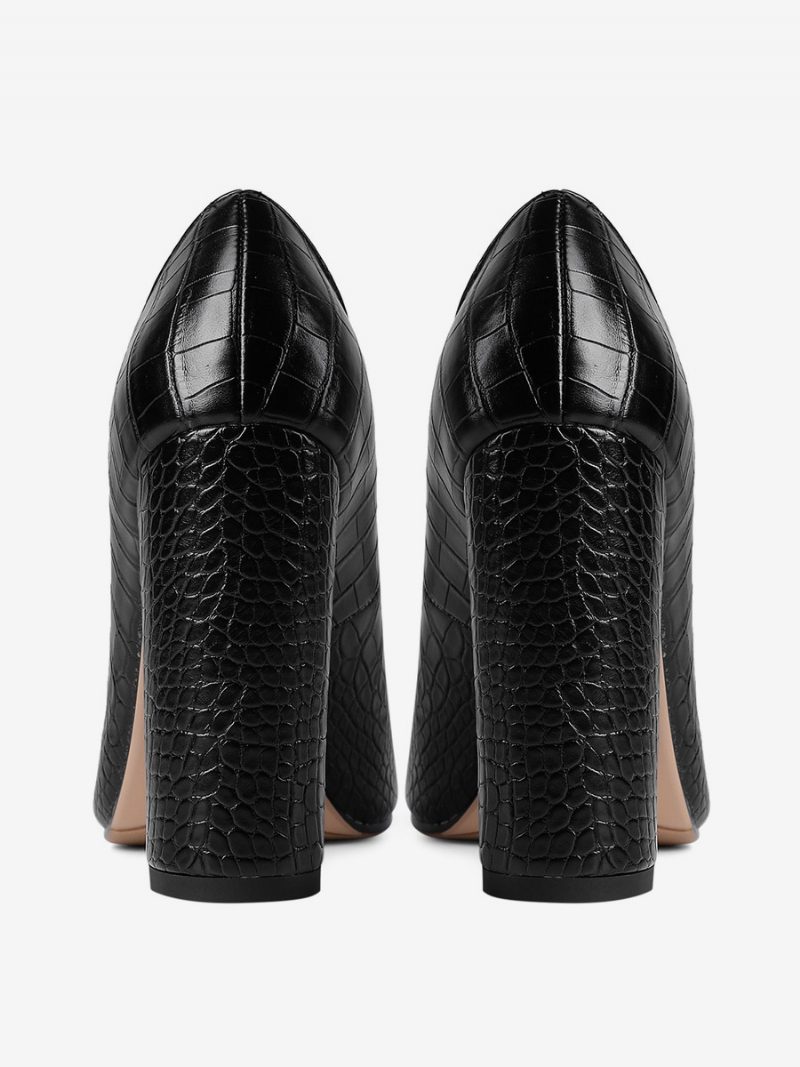 Schwarze High Heels Damen Pumps Mit Spitzer Zehenpartie Und Steinmuster Klobigem Absatz - Schwarz