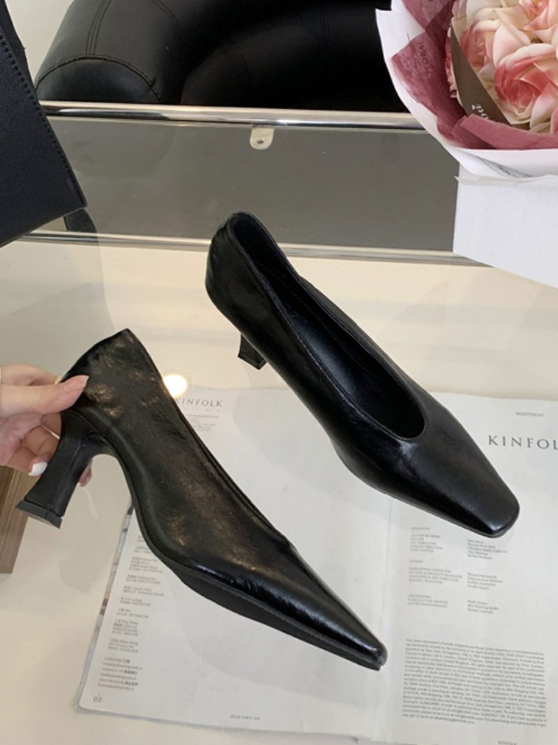 Schwarze High Heels Für Damen Mit Eckiger Zehenpartie Und Klobigem Absatz Zum Hineinschlüpfen - Schwarz