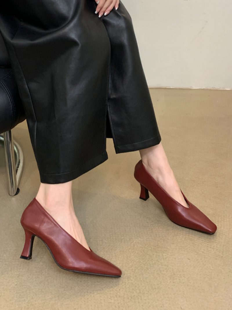 Schwarze High Heels Für Damen Mit Eckiger Zehenpartie Und Klobigem Absatz Zum Hineinschlüpfen - Burgund