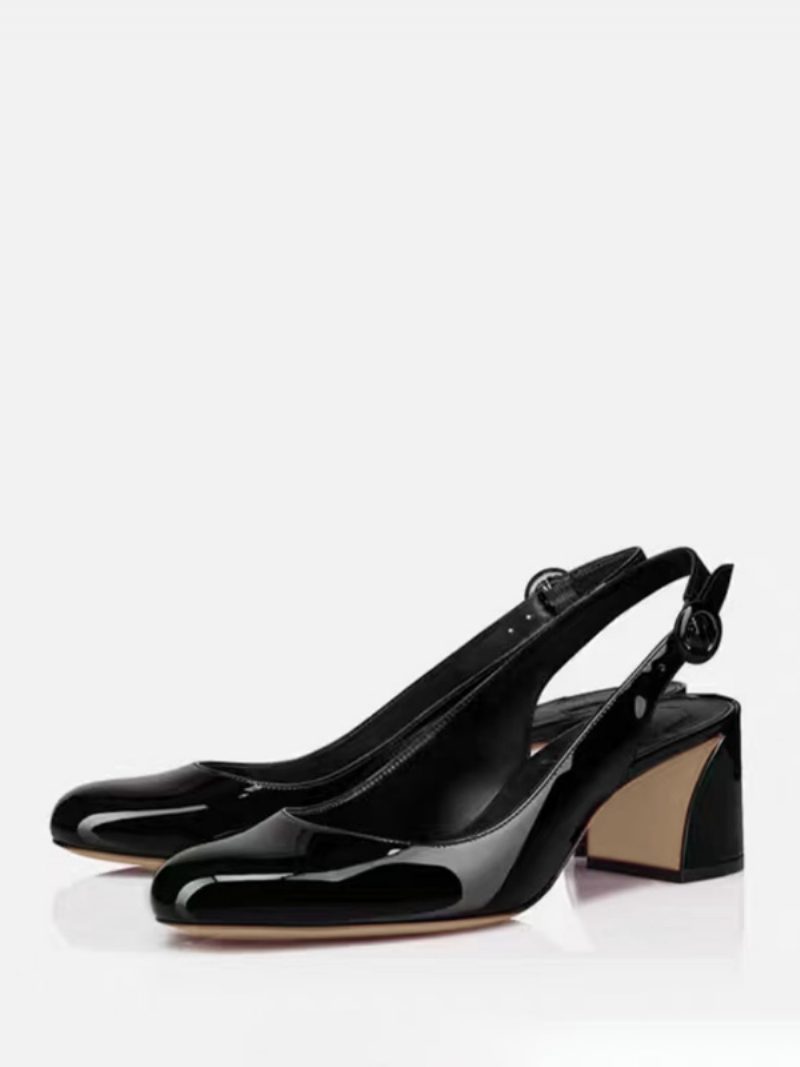 Schwarze Pumps Mit Blockabsatz Für Damen Slingback-pumps Quadratischer Zehenpartie