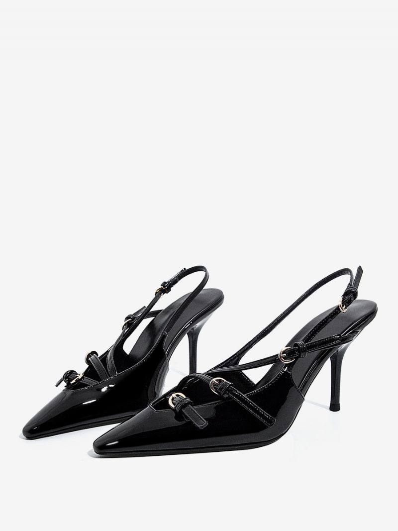 Schwarze Slingback-pumps Für Damen Mit Spitzer Zehenpartie Und Schnallendetail Stiletto-absatz