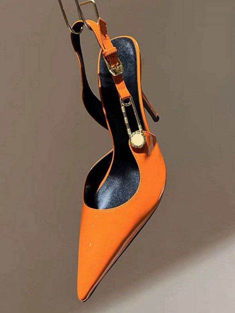 Silberfarbene Pumps Mit Hohem Absatz Für Damen Spitze Zehenpartie Slingback-pumps Kettendetail - Orange