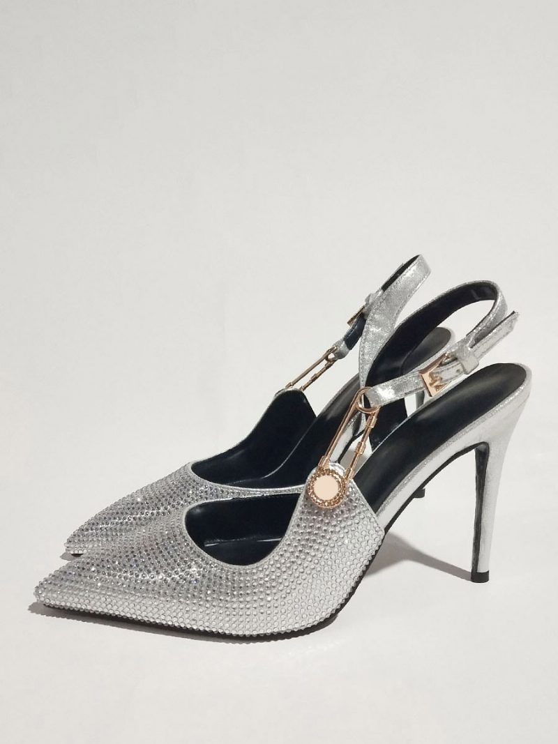 Slingback-pumps Für Damen Mit Spitzer Zehenpartie Strasssteinen Und Kettendetail Partyschuhe Hohem Absatz - Silber