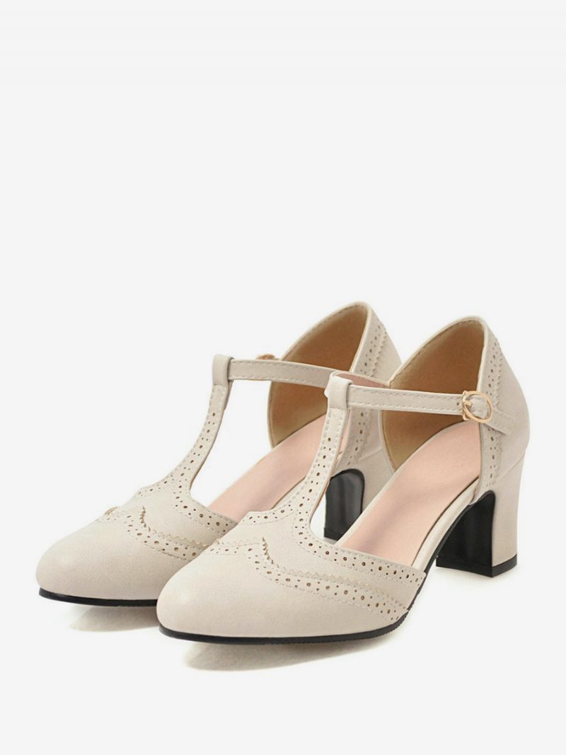 Weiße Vintage-schuhe Für Damen Mit Klobigem Absatz Und T-riemen