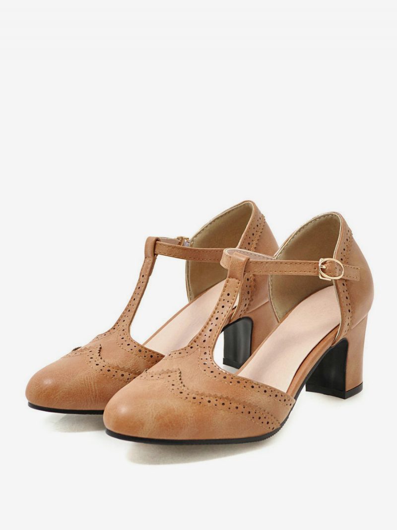 Weiße Vintage-schuhe Für Damen Mit Klobigem Absatz Und T-riemen - Gelb