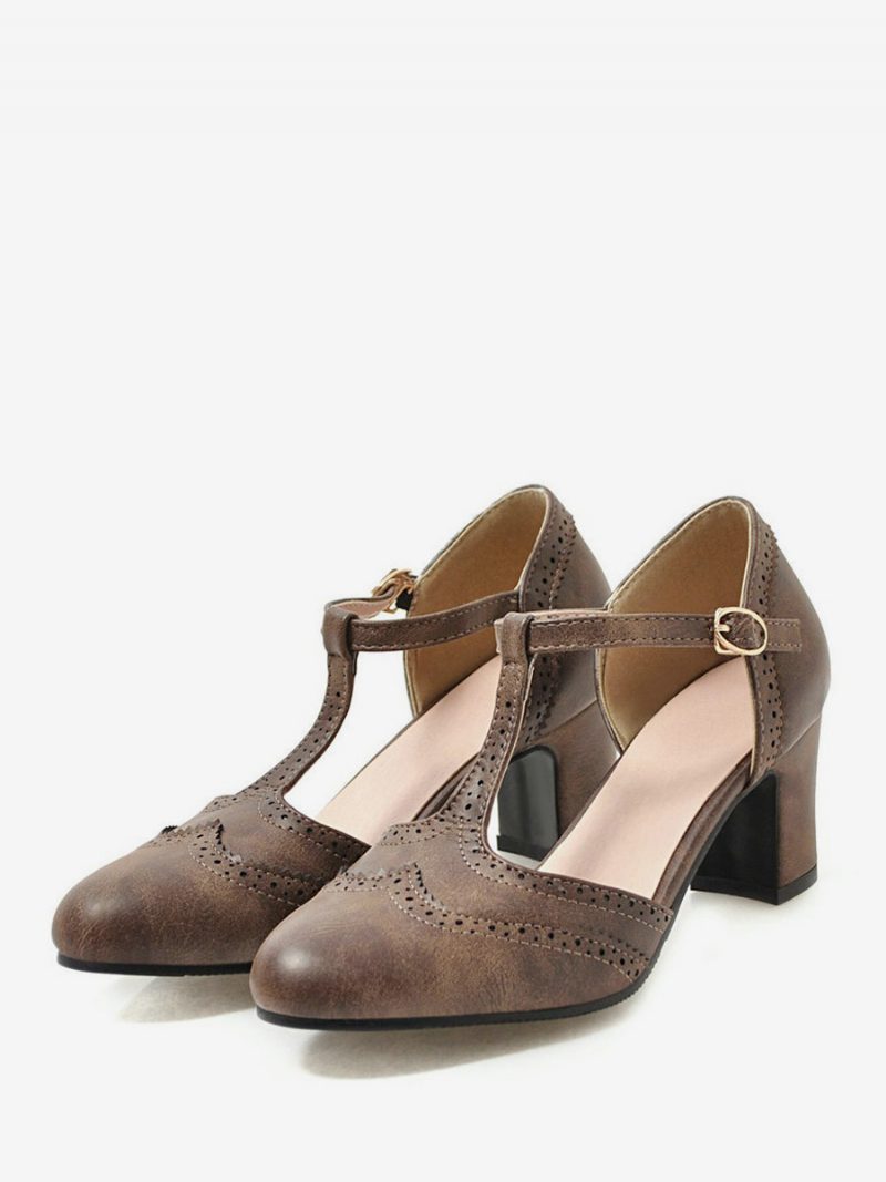 Weiße Vintage-schuhe Für Damen Mit Klobigem Absatz Und T-riemen - Kaffeebraun