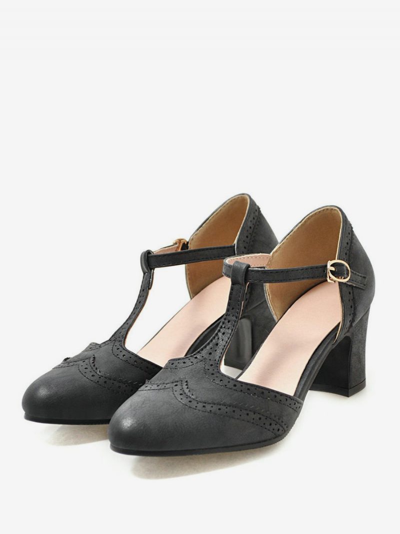 Weiße Vintage-schuhe Für Damen Mit Klobigem Absatz Und T-riemen - Schwarz