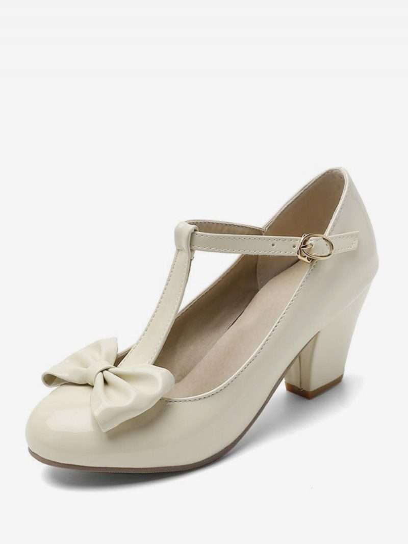 Weiße Vintage-schuhe Für Damen Mit Runder Spitze Und Schleife T-riemen Klobiger Absatz - Beige