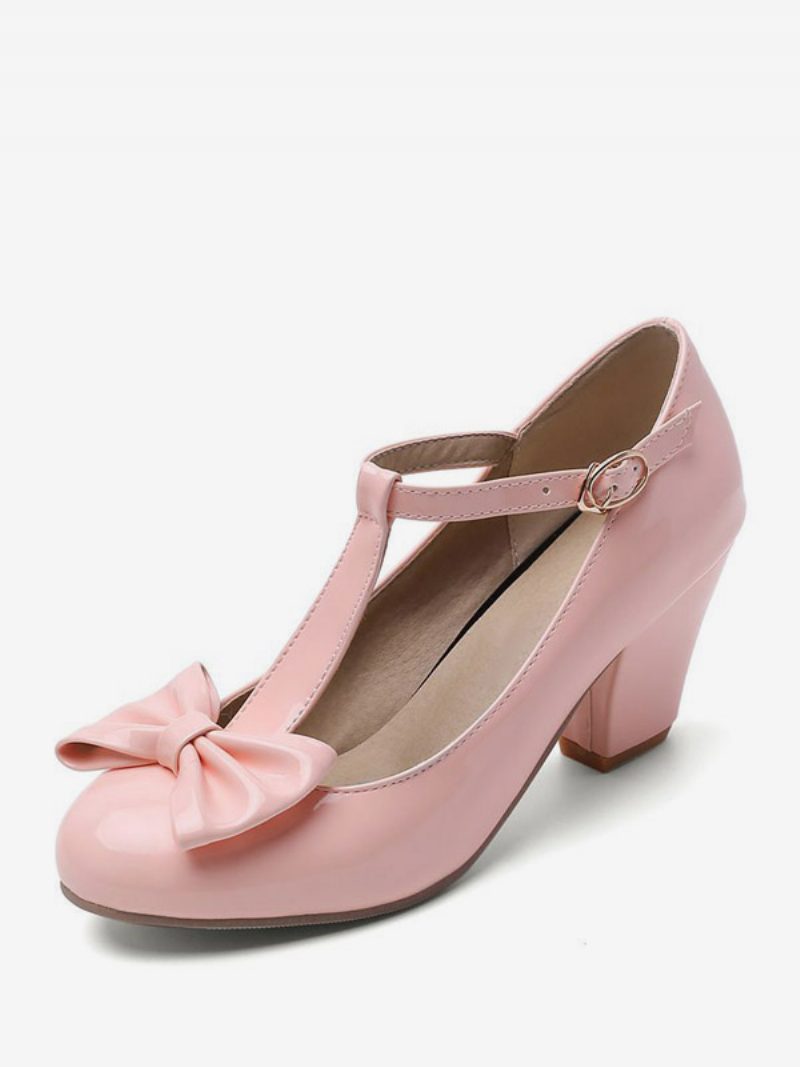 Weiße Vintage-schuhe Für Damen Mit Runder Spitze Und Schleife T-riemen Klobiger Absatz - Rosa