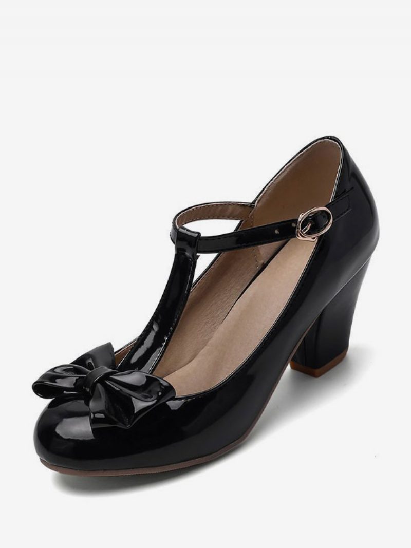 Weiße Vintage-schuhe Für Damen Mit Runder Spitze Und Schleife T-riemen Klobiger Absatz - Schwarz