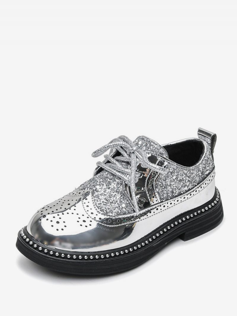 Jungen-kleiderschuhe Brogue-schuhe Schwarz Glitzernd Runde Zehenpartie Schnürung Formelle Party-schuhe - Silber