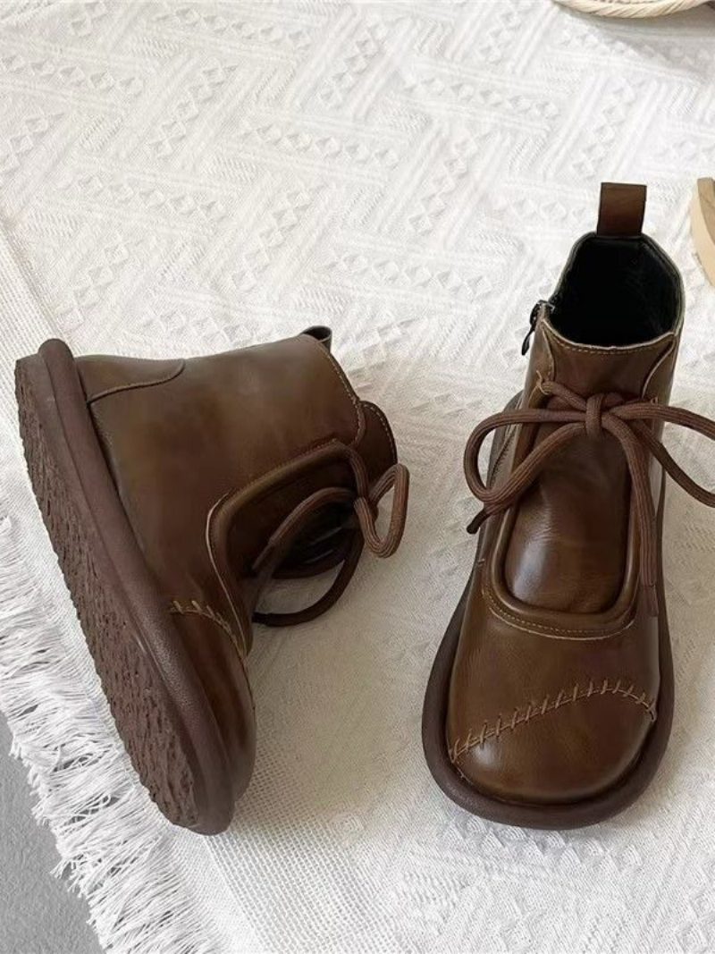 Schwarze Mädchenstiefel Mit Runder Spitze Und Schnürung - Kamel