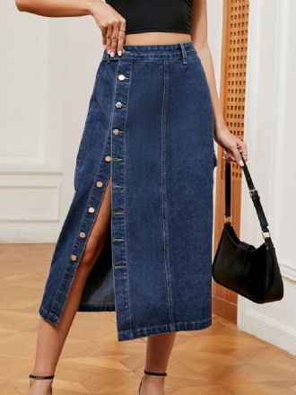 Damen-denim-vollrock Mit Hoher Taille Und Asymmetrischer Knopfleiste