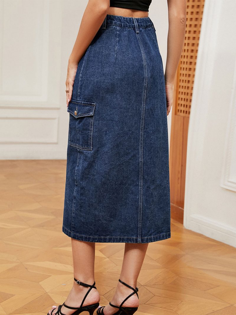 Damen-denim-vollrock Mit Hoher Taille Und Asymmetrischer Knopfleiste - Blau