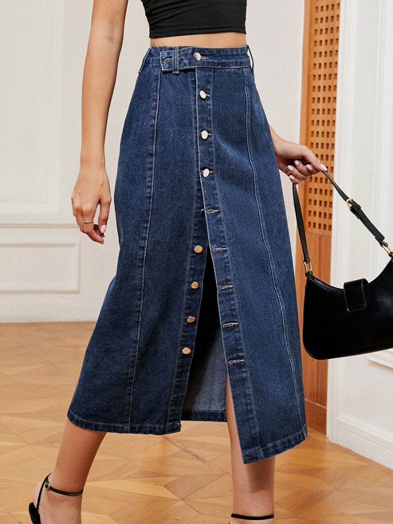 Damen-denim-vollrock Mit Hoher Taille Und Asymmetrischer Knopfleiste - Blau