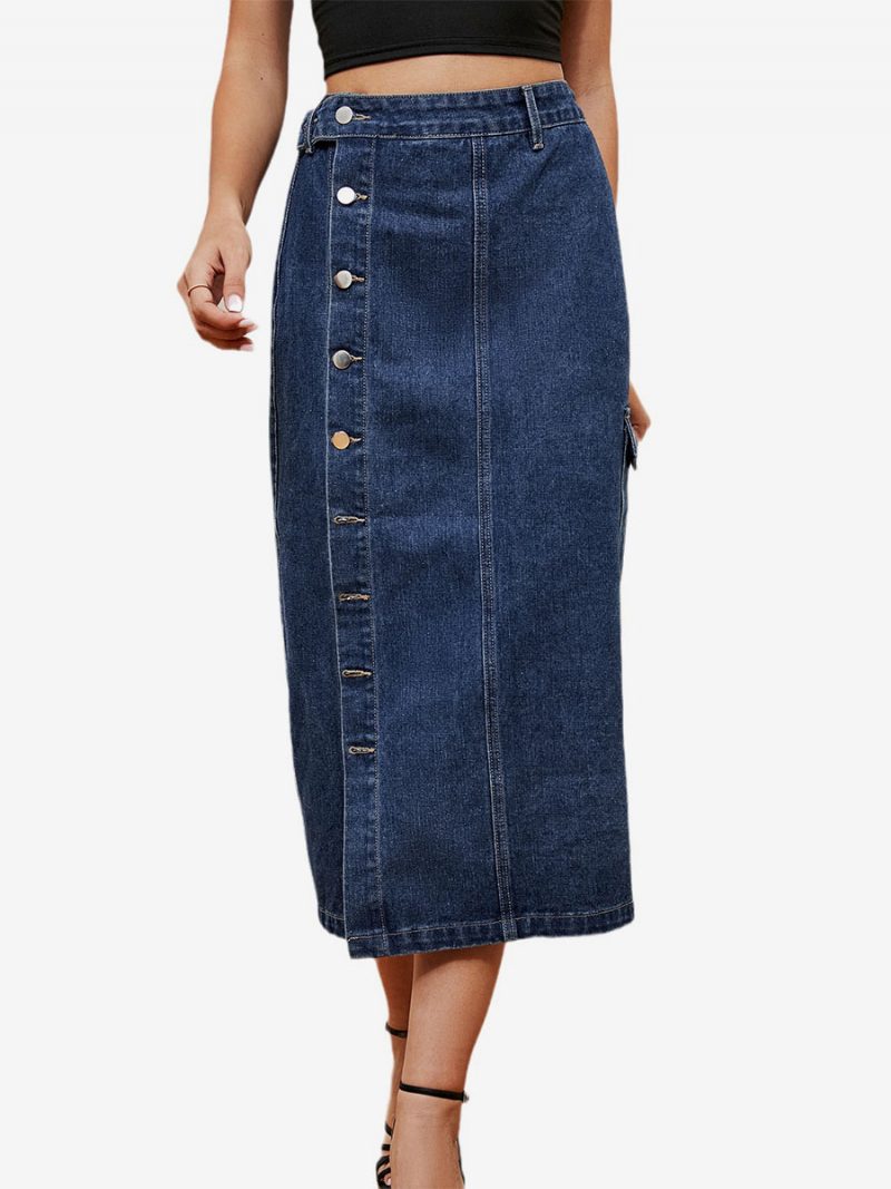 Damen-denim-vollrock Mit Hoher Taille Und Asymmetrischer Knopfleiste - Blau