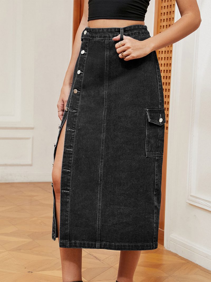 Damen-denim-vollrock Mit Hoher Taille Und Asymmetrischer Knopfleiste - Schwarz