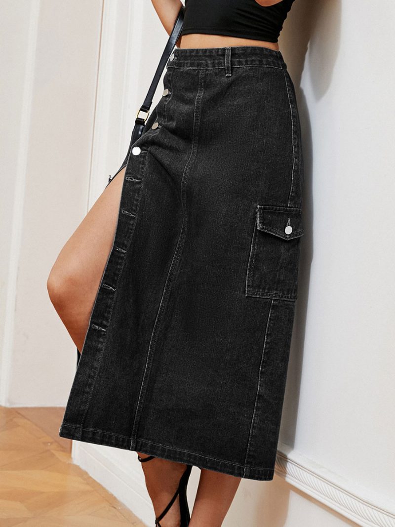 Damen-denim-vollrock Mit Hoher Taille Und Asymmetrischer Knopfleiste - Schwarz