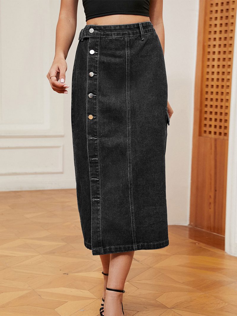 Damen-denim-vollrock Mit Hoher Taille Und Asymmetrischer Knopfleiste - Schwarz