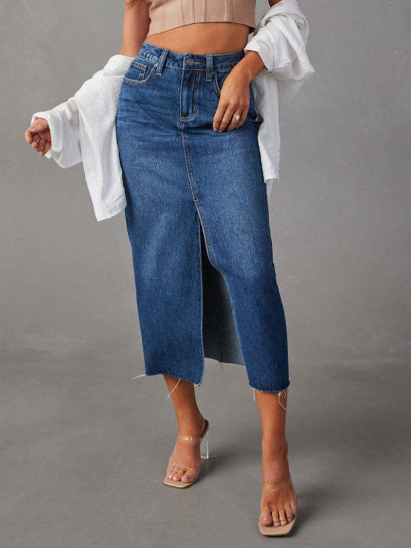 Damen-denim-vollrock Mit Rasied-taille Hohem Schlitz Reißverschluss Und Fransenröcken