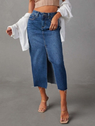 Damen-denim-vollrock Mit Rasied-taille Hohem Schlitz Reißverschluss Und Fransenröcken