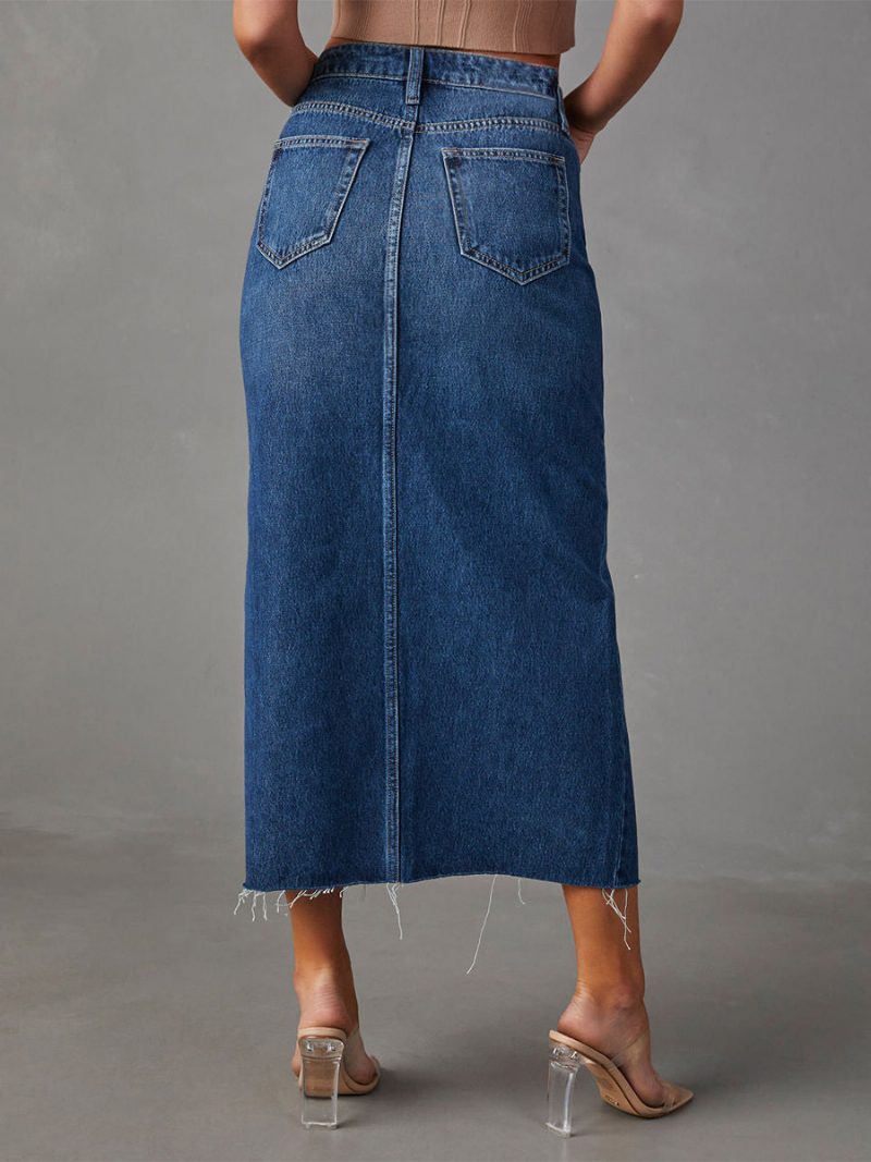 Damen-denim-vollrock Mit Rasied-taille Hohem Schlitz Reißverschluss Und Fransenröcken - Blau