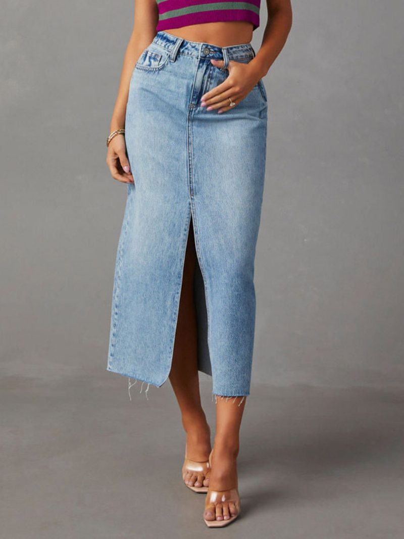 Damen-denim-vollrock Mit Rasied-taille Hohem Schlitz Reißverschluss Und Fransenröcken - Helles Himmelblau