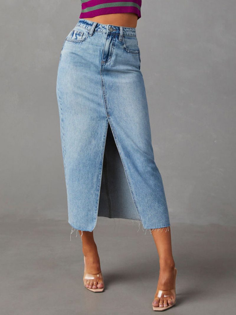 Damen-denim-vollrock Mit Rasied-taille Hohem Schlitz Reißverschluss Und Fransenröcken - Helles Himmelblau