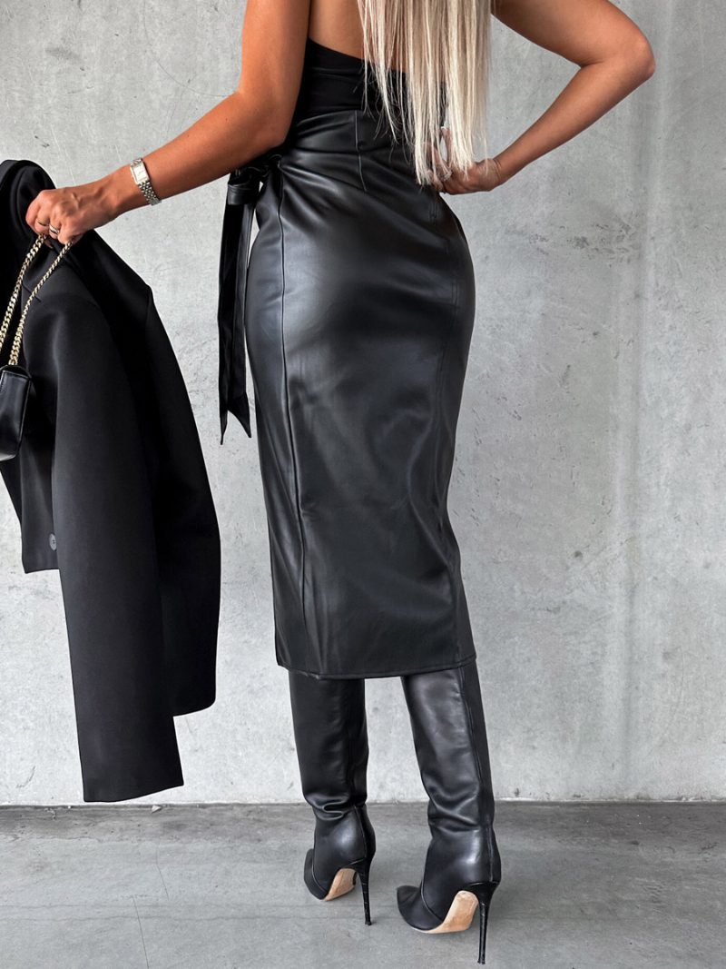 Fliege-rock Mit Hoher Taille Schwarzes Pu-leder Herbst-winter-damen-unterteile - Schwarz