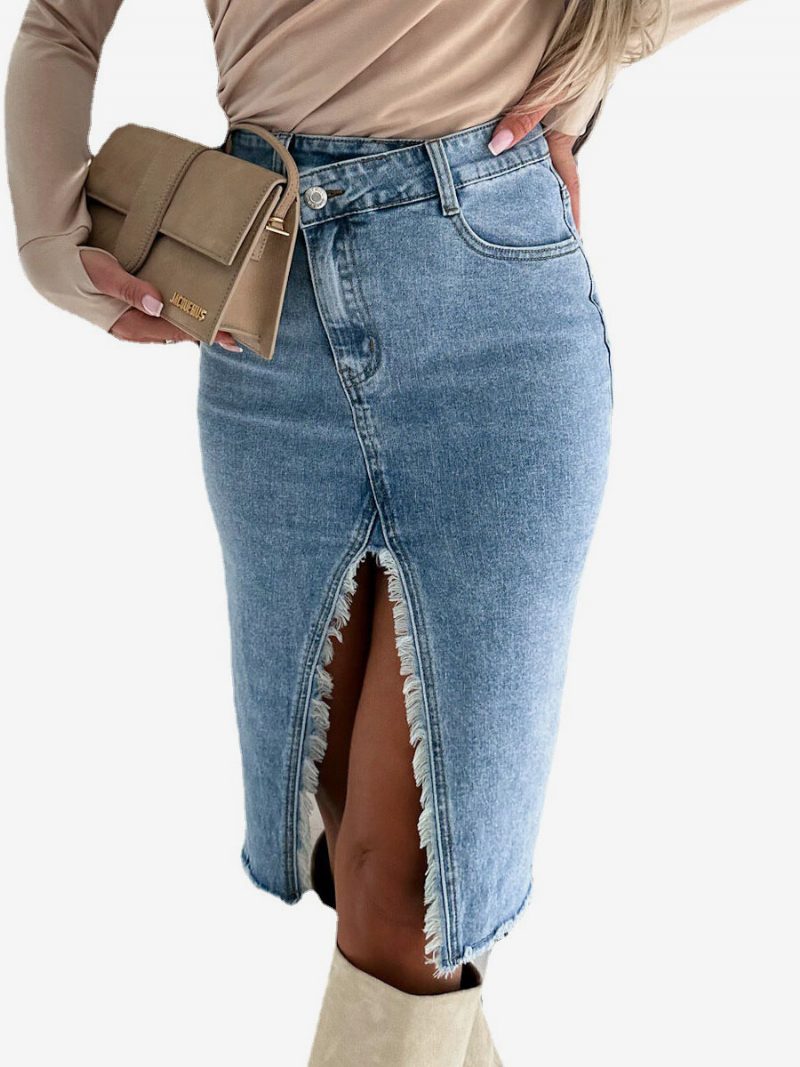 Retro-jeansrock Hohe Taille Hoher Schlitz Asymmetrischer Damen-unterteil - Helles Himmelblau