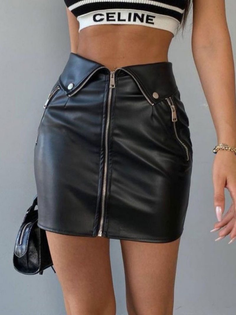 Rock Für Damen Schwarze Metalldetails Kurze Damen-unterteile Aus Pu-leder - Schwarz