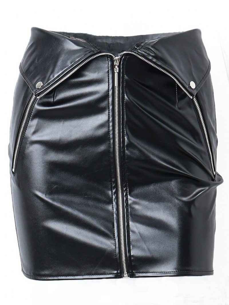 Rock Für Damen Schwarze Metalldetails Kurze Damen-unterteile Aus Pu-leder - Schwarz