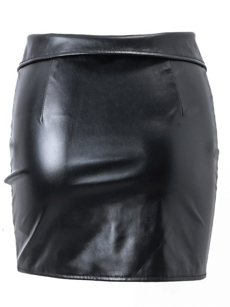 Rock Für Damen Schwarze Metalldetails Kurze Damen-unterteile Aus Pu-leder - Schwarz